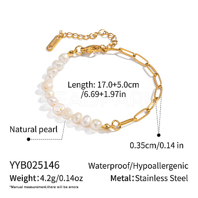 Natural Freshwater Pearl Beaded and 304 Stainless Steel Paperclip Chain Bracelets for Women IH6413-2-1