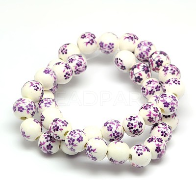 Handmade Flower Printed Porcelain Ceramic Beads Strands PORC-M007-10mm-11-1