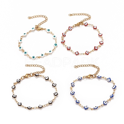 Enamel Rhombus with Evil Eye Link Chains Bracelet BJEW-P271-03G-1