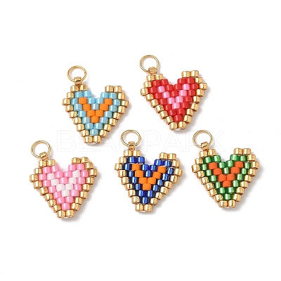 Glass Seed Beaded Heart Charms PALLOY-MZ00925-1