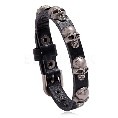 Alloy Skull Rivet Studded Cowhide Cord Bracelet SKUL-PW0004-33A-1