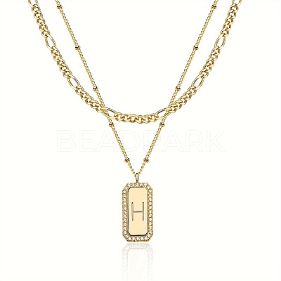 Brass Micro Pave Clear Cubic Zirconia Rectangle with Initial Pendant Double Layer Necklaces for Women FS-WG478B5-08-1