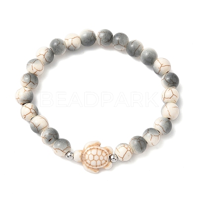 Baking Paint Synthetic Turquoise Round & Tortoise Beads Stretch Bracelets for Men Women BJEW-JB12340-02-1
