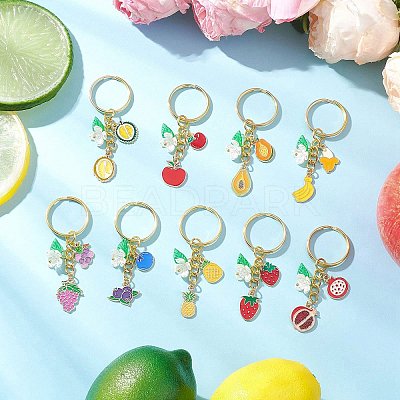 9Pcs 9 Styles Alloy Enamel with Acrylic Banana Strawberry Pineapple Fruit Keychians KEYC-JKC01348-1