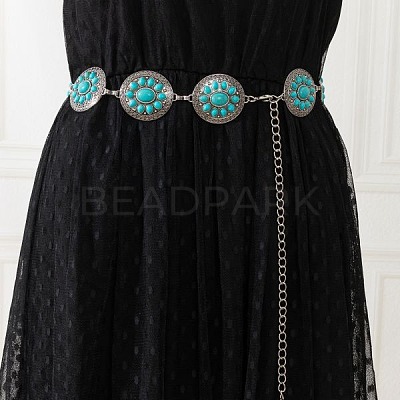 Bohemian Brass Pave Synthetic Turquoise Flat Round with Flower Link Alloy Chain Belts for Women FS-WG72103-01-1
