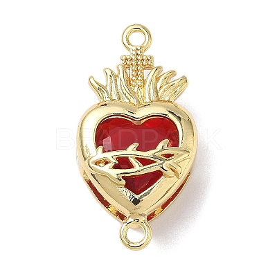 Brass with Glass Dark Red Sacred Heart Connector Charms KK-L253-27G-04-1