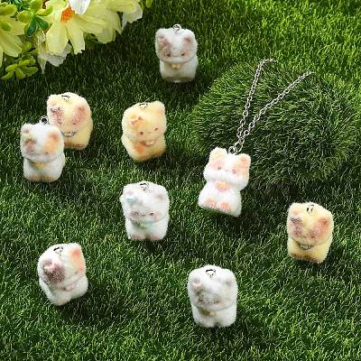 Cat Shape Flocky Opaque Resin Pendants RESI-YWC0002-04F-1