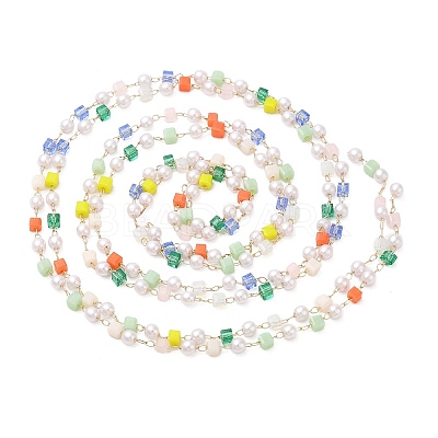Faceted Cube Glass & ABS Plastic Imitation Pearl Beaded Chains CHS-G026-02KCG-03-1-1