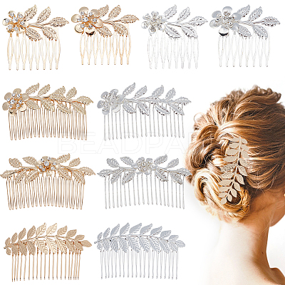 10Pcs 10 Style Wedding Bridal Flower & Leaf Iron Hair Combs OHAR-BC0001-02-1