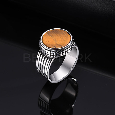304 Stainless Steel with Natural Tiger Eye Finger Rings for Men FS-WGE1297-05-1