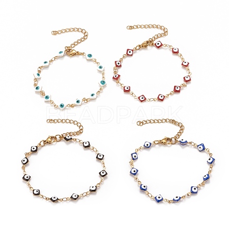 Enamel Rhombus with Evil Eye Link Chains Bracelet BJEW-P271-03G-1