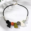 Bohemian Style Trapezoid & Round Wood Beaded Pendant Black Waxed Cord Bib Necklaces for Women FS-WG1625A-02-2