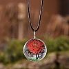 Flat Round Glass with Dried Flower Tree Inner Pendant Black Waxed Cord Necklaces FS-WG87A6D-18-1