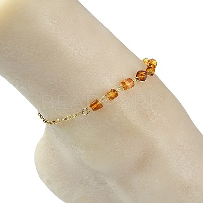 Natural Amber Cube Beads Link Chain & 304 Stainless Steel Paperclip Chain Anklets for Women AJEW-AN00790-1