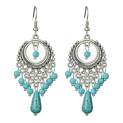 Synthetic Turquoise Beaded Long Drop Earrings EJEW-JE05389-02-1