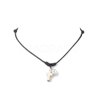 2Pcs 2 Colors Adjustable Dyed Synthetic Turquoise with Round Plastic Imitation Pearl Cross Pendant Black Waxed Polyester Cord Necklaces for Women NJEW-JN05384-1