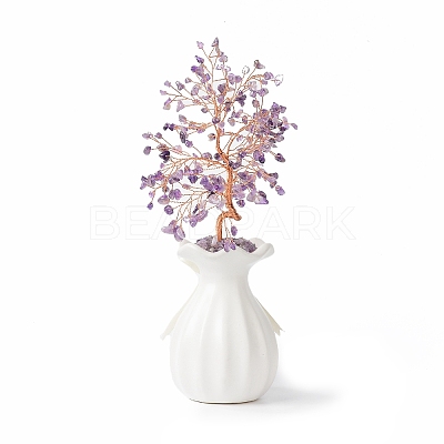 Natural Amethyst Chips with Brass Wrapped Wire Money Tree on Ceramic Vase Display Decorations DJEW-B007-01B-1