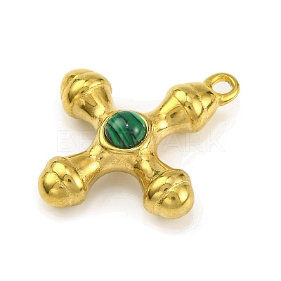 Synthetic Malachite & 304 Stainless Steel Cross Pendants STAS-H221-01G-04-1