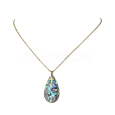 Natural Paua Shell Teardrop Pendant 304 Stainless Steel Cable Chain Necklaces NJEW-JN06362-1