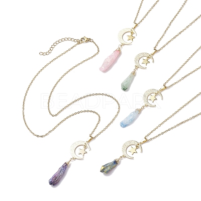 Electroplated Natural Quartz Crystal with Moon and Star Pendant Necklaces NJEW-JN04686-1