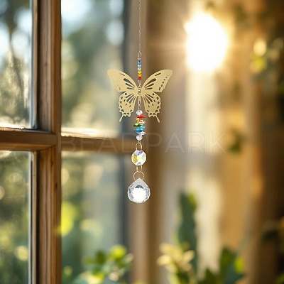 2Pcs 2 Colors 201 Stainless Steel Butterfly Shape & Rainbow Crystal Glass Hanging Suncatcher HJEW-TA00445-1