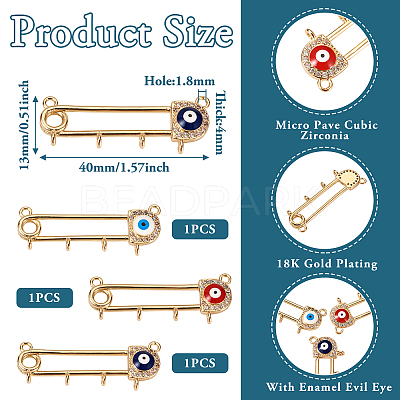 3Pcs 3 Colors Rack Plating Brass Micro Pave Cubic Zirconia Brooch Finding KK-TA0001-32-1