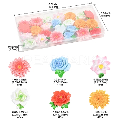 24Pcs 6 Styles Opaque Resin Flowers Cabochons RESI-FS0002-16-1
