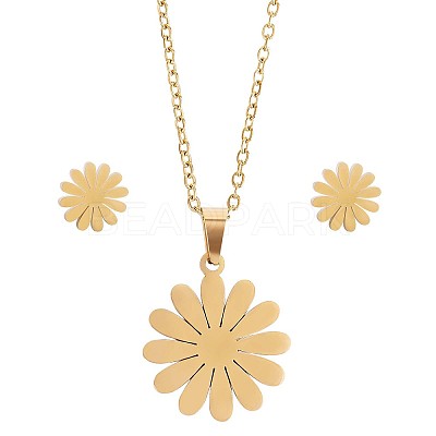 316 Surgical Stainless Steel Daisy Stud Earrings and Pendant Necklace JX377A-1