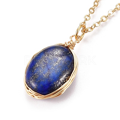 Natural Lapis Lazuli Wire Wrapped Pendant Necklaces X-NJEW-JN03080-03-1