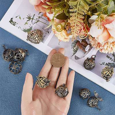 10Pcs 5 Styles Filigree Brass Cage Pendants KK-SC0003-77A-1