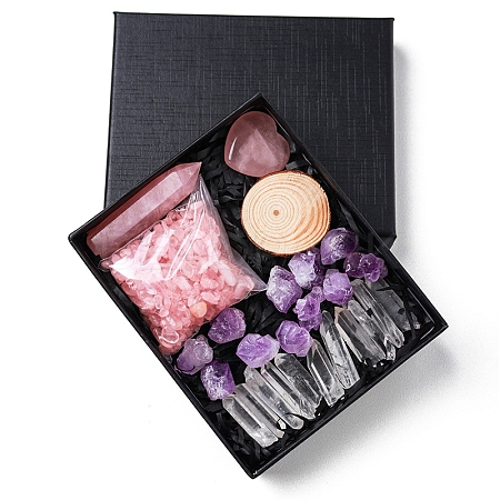 Natural Rose Quartz & Quartz Crystal & Amethyst Bullet & Heart & Nugget & Chips Gift Box WG94197-03-1