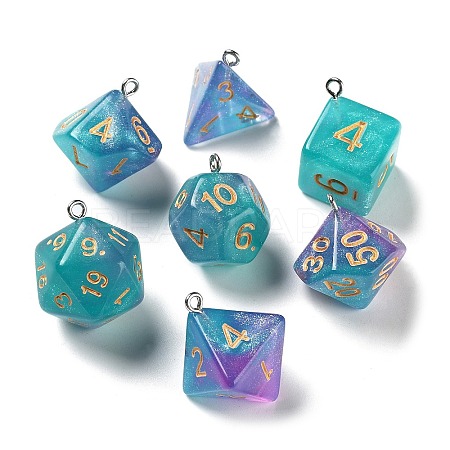 7 Styles Transparent Resin Polyhedral Dice Pendants Set RESI-A029-01Q-1