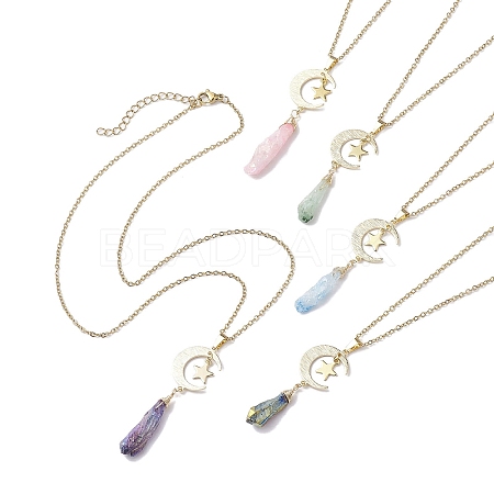 Electroplated Natural Quartz Crystal with Moon and Star Pendant Necklaces NJEW-JN04686-1