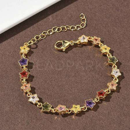 Star Brass Pave Cubic Zirconia Link Chain Bracelets for Women BJEW-P385-03G-1