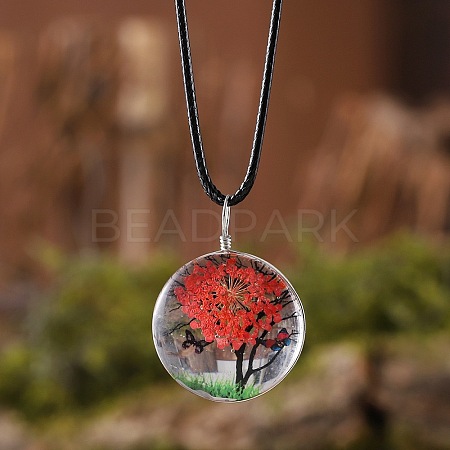 Flat Round Glass with Dried Flower Tree Inner Pendant Black Waxed Cord Necklaces FS-WG87A6D-18-1