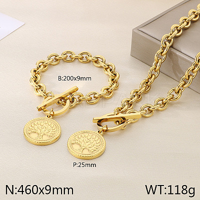 Flat Round with Tree of Life 304 Stainless Steel Pendant Necklaces & Charm Bracelets Sets FS-WG2A73C-04-1