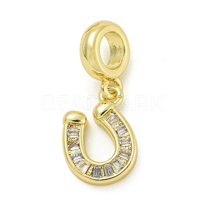 Rack Plating Brass Pave Clear Cubic Zirconia U Shape/Horse Shoes European Dangle Charms KK-Z067-40G-02-1