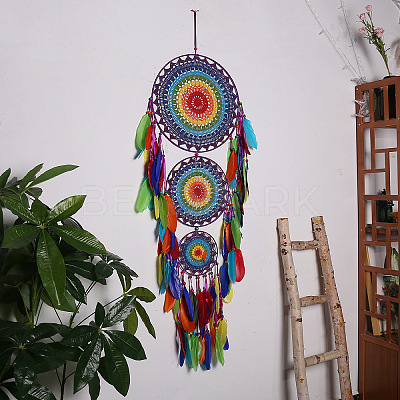 Indian Style Iron Woven Web/Net with Feather Pendant Decorations PW-WG84324-01-1