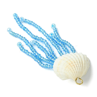 Natural Clam Shell & Glass Pearl & Glass Seed Beaded Big Pendants PALLOY-MZ00298-02-1