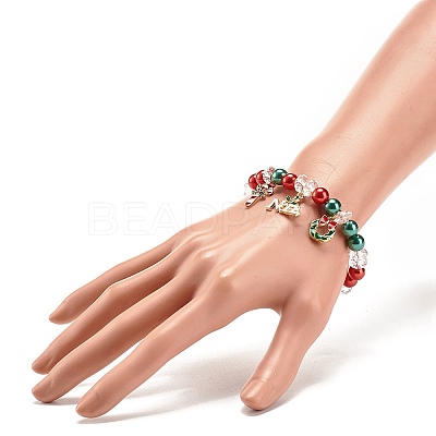 Acrylic Pearl Beaded Stretch Bracelet with Alloy Enamel Charms BJEW-JB08292-1