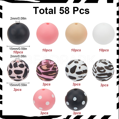 58Pcs 10 Styles Printed Round Silicone Focal Beads SIL-SC0002-06-1