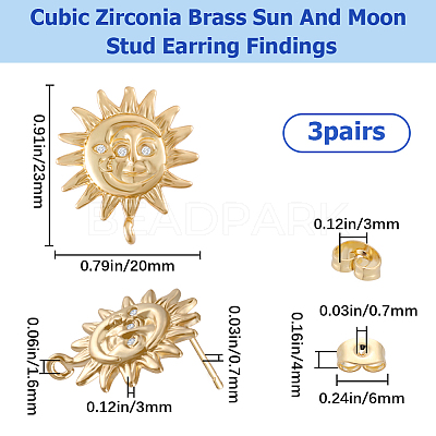 3 Pairs Brass Micro Pave Cubic Zirconia Sun Stud Earring Findings KK-BBC0007-97-1