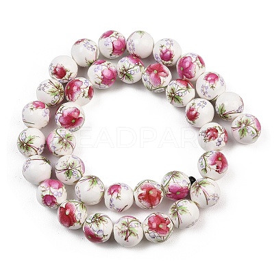 Handmade Flower Printed Porcelain Ceramic Beads Strands PORC-M007-10mm-17-1