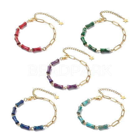 Natural Imperial Jasper(Dyed) Bamboo Joint Beaded Bracelet with Golden 304 Stainless Steel Chains for Women BJEW-JB09028-1