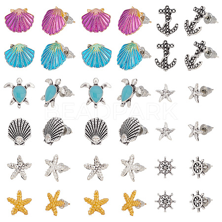   18 Pairs 7 Style Shell & Starfish & Turtle & Helm Zinc Alloy Stud Earrings Sets with Enamel EJEW-PH0001-16-1