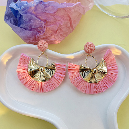 Bohemian Style Fan Alloy Raffia Dangle Stud Earrings FS-WGD68B3-09-1