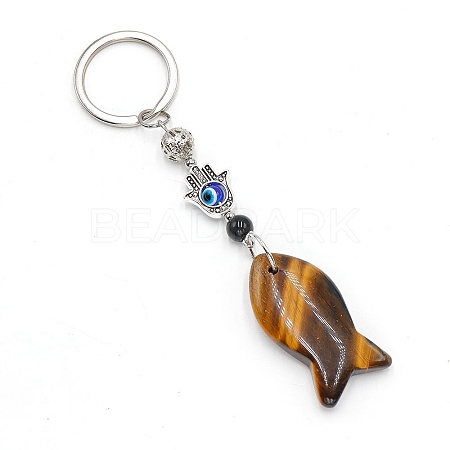 Natural Tiger Eye Fish Keychain PW-WG77624-02-1