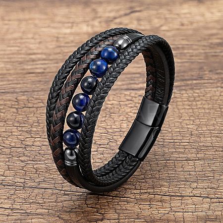 Natural Sodalite Round Beads & Braided Imitation Leather Cord Bracelets for Men FS-WGCE7B3-26-1