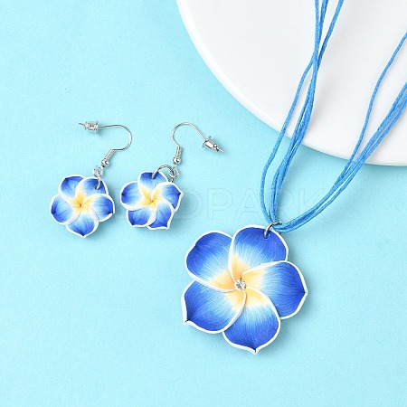 Flower Polymer Clay with Wax Cord Pendant Necklaces & Dangle Earrings Sets FS-WG2CAA9-02-1