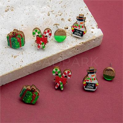 4 Pairs Candy Cane & Snowman & Christmas Gift Printed Wood Stud Earrings EJEW-OY001-01-1